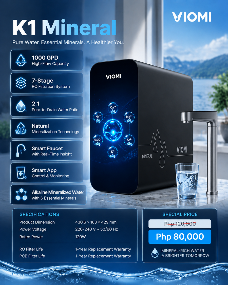 VIOMI K1 Mineral 1000 GPD RO Water Purifier and smart faucet specification poster